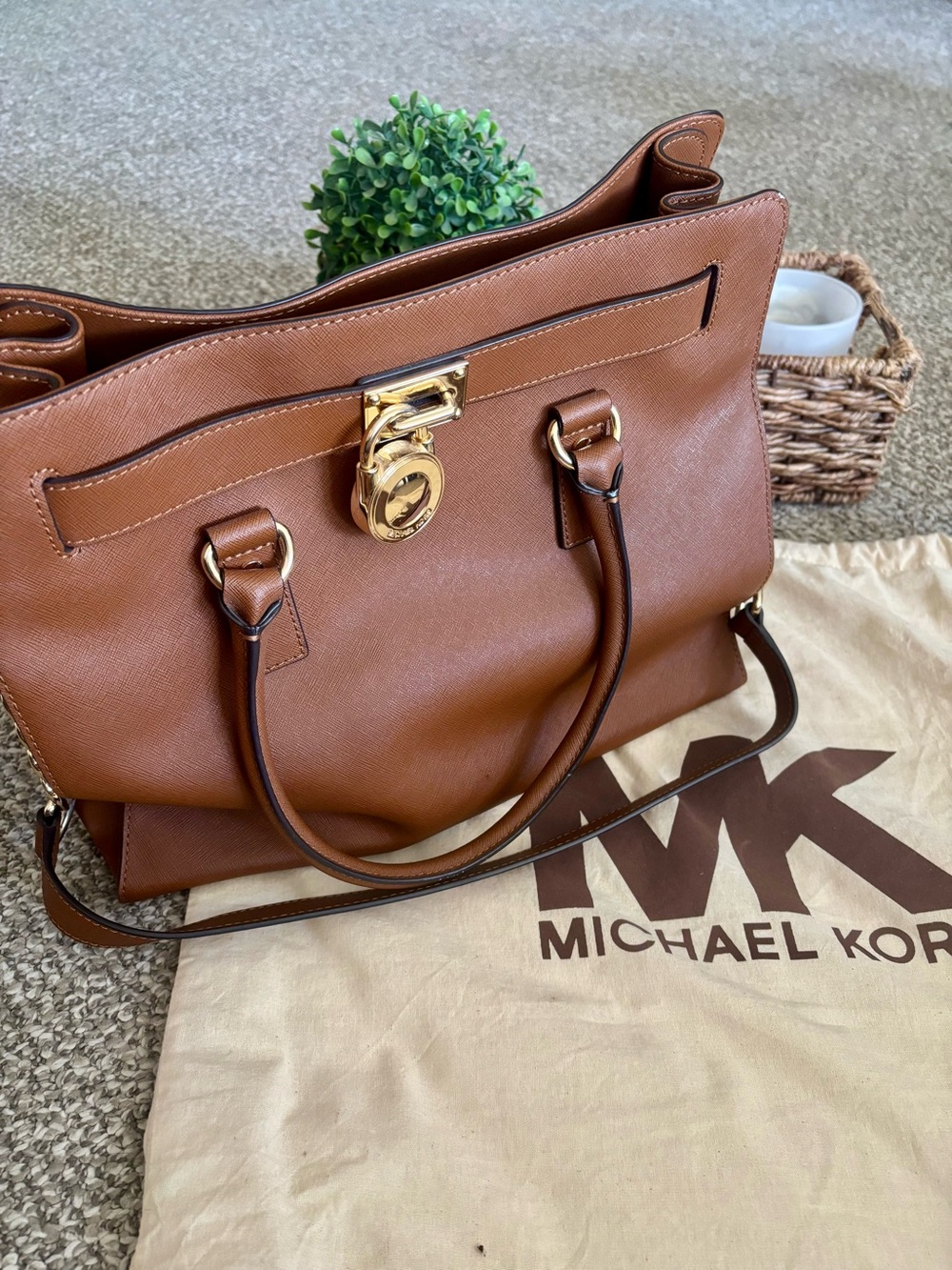 Michael Kors Brown Saffiano Satchel with Gold Lock